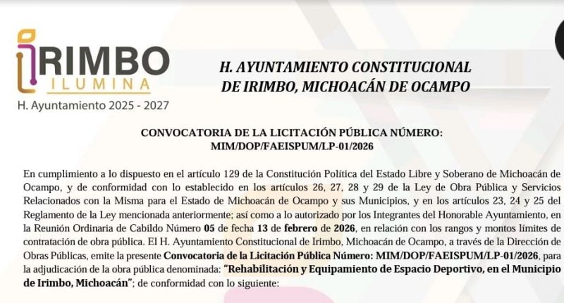 CONVOCATORIA DE LA LICITACIÓN PÚBLICA NÚMERO: MIM/DOP/FAEISPUM/LP-0  “Rehabilitación y Equipam1/2026